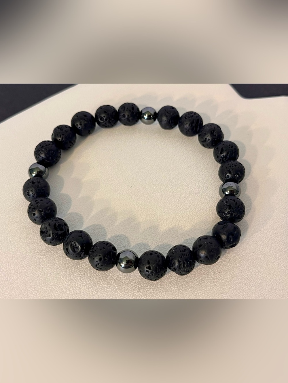 Extra Large Mens Black Lava Stone Beaded Bracelet with Hematite Accents